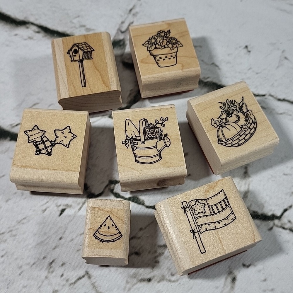 Rubber Stamps Lot Of‎ 7 Summer Country Garden Stars Flag Crafts Mounted EUC